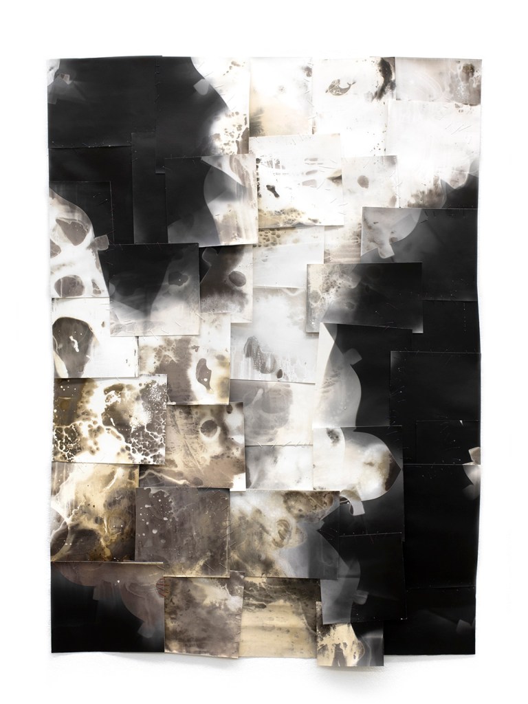 Rub, 2024, gelatin silver paper, thread, varnish, on gessoed canvas, 40" x 30"