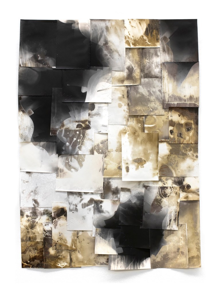 Bellow, 2024, gelatin silver paper, thread, varnish, on gessoed canvas, 40" x 30"