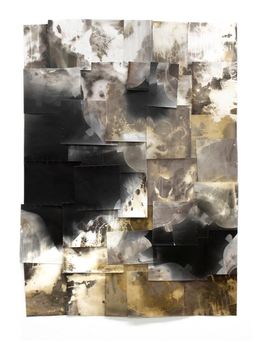 Untitled 2024, gelatin silver paper, thread, varnish, on gessoed canvas, 40" x 30"